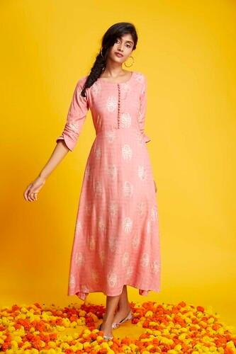 Pink Peach Printed Rayon A-Line Dress