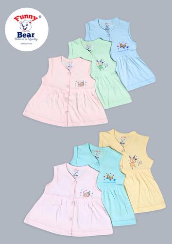 Funny Bear Sleeveless Trendy Printed Cotton Baby Frock